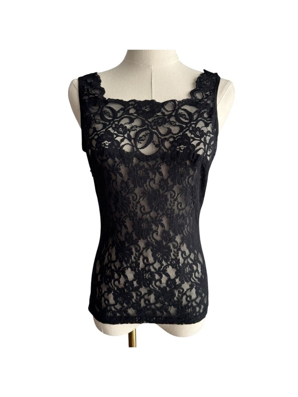 Vintage 90s Black Full Lace Cami Sz S/M Sheer Lacy Sexy Floral Tank Top Stretch